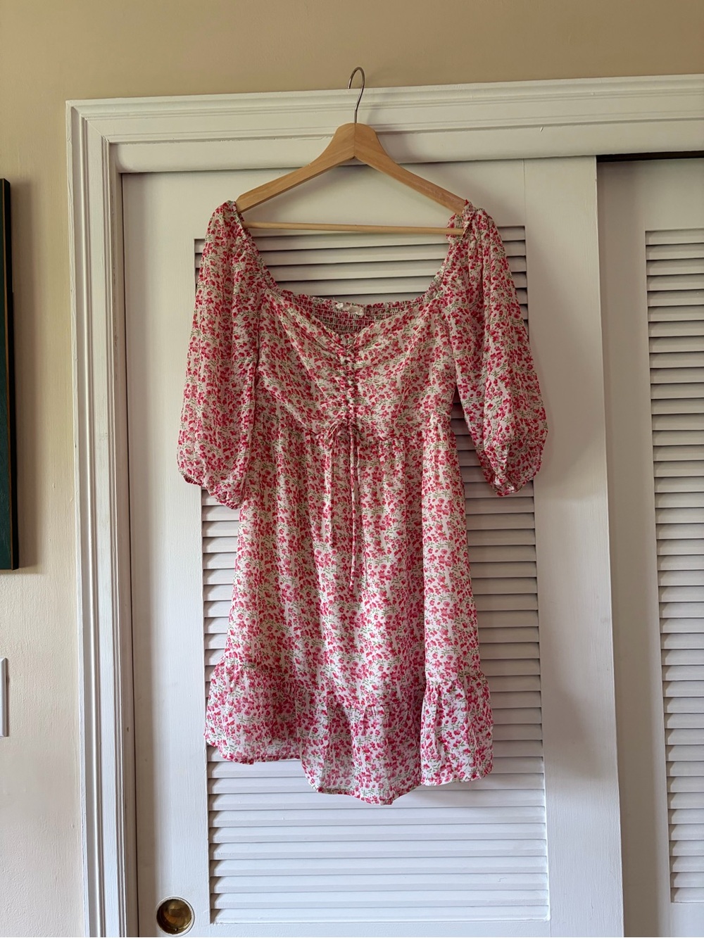 Lush Pink Floral Puff-Sleeve Tunic Dress